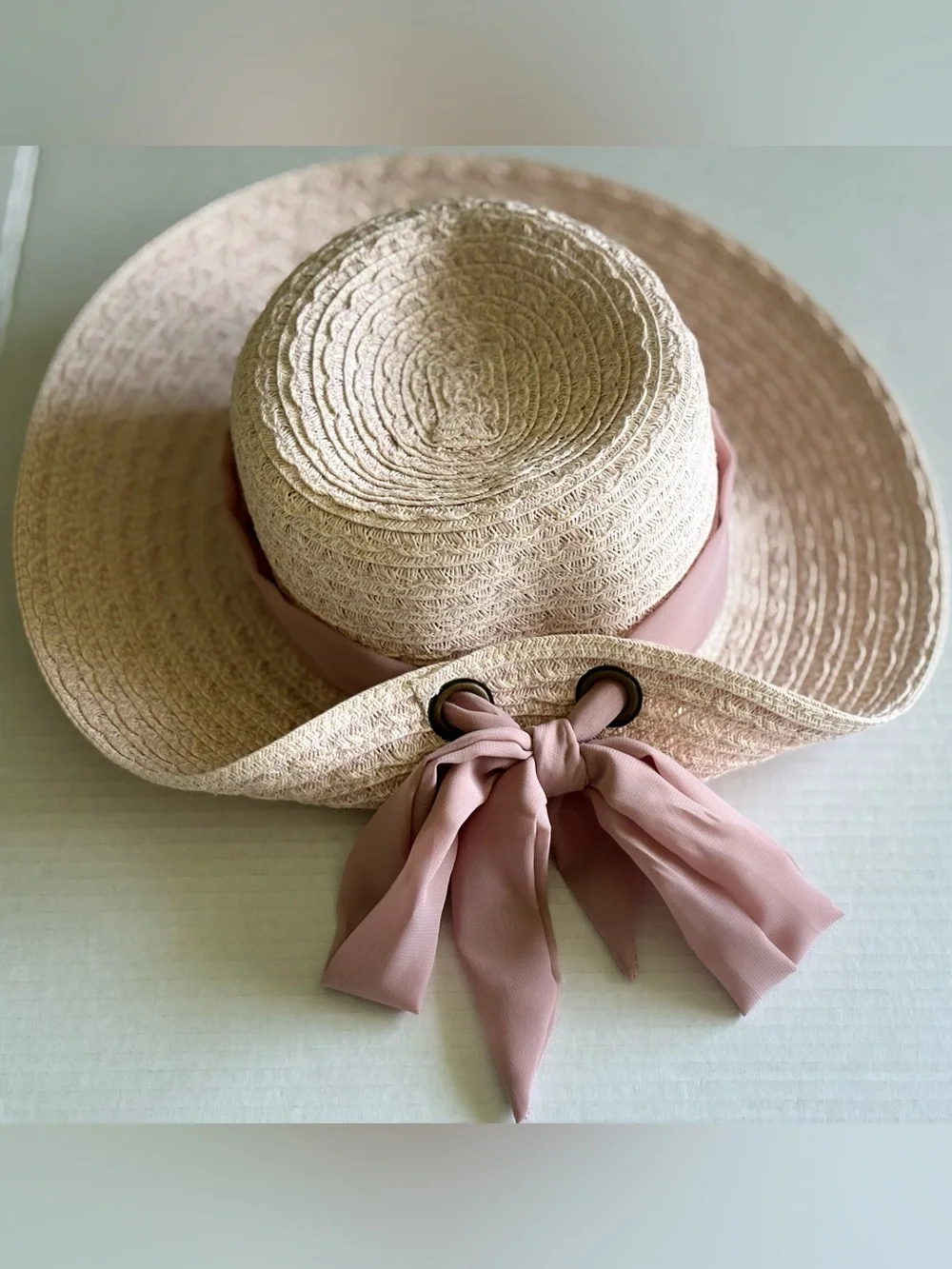 Nine West Light Pink Straw Sun Hat with Taupe Band One Size